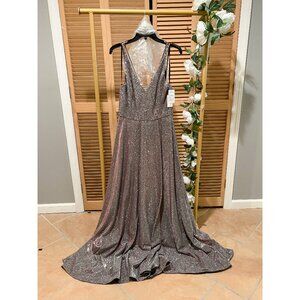 Xscape Metallic Silver V-Neck Maxi Dress